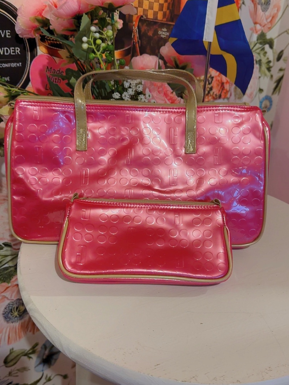 Clinique Pink Metallic Logo Tote Bag + Matching Cosmetic Pouch Y2K